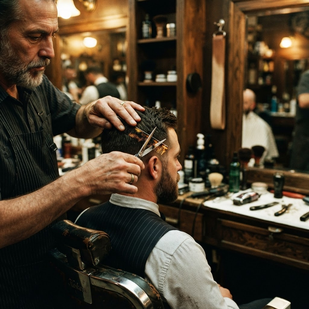 Barber giving a classic gentleman's haircut with scissors and comb