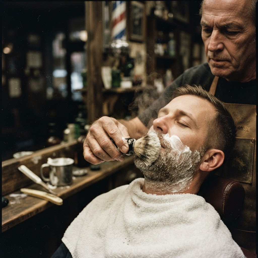 Traditional hot towel straight razor shave in progress