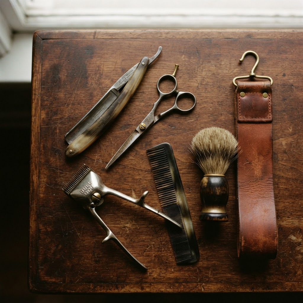 Vintage barber tools laid out on dark walnut wood