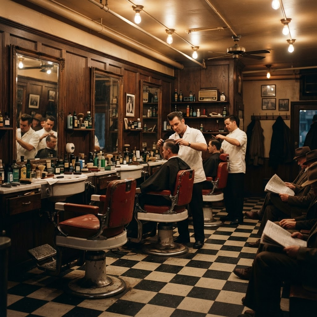 Interior of a classic vintage barbershop with red leather chairs and antique mirrors